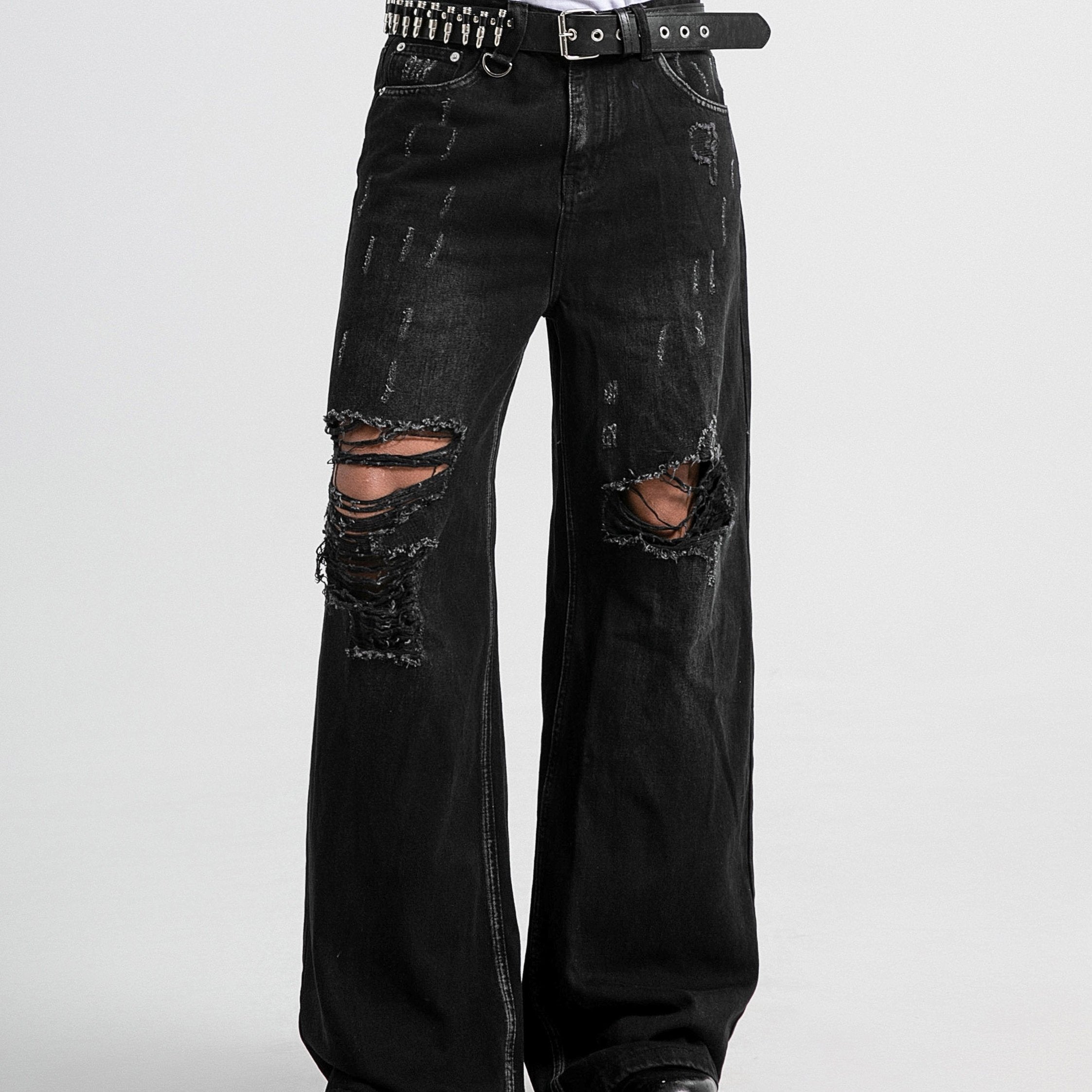 Hearujoy [Distressed Men's Street Jeans Designs] Men's Jeans With Distressed Designs On The Street, Men's Ins Street Dance Skateboard, Loose Straight Leg Casual Denim Pants