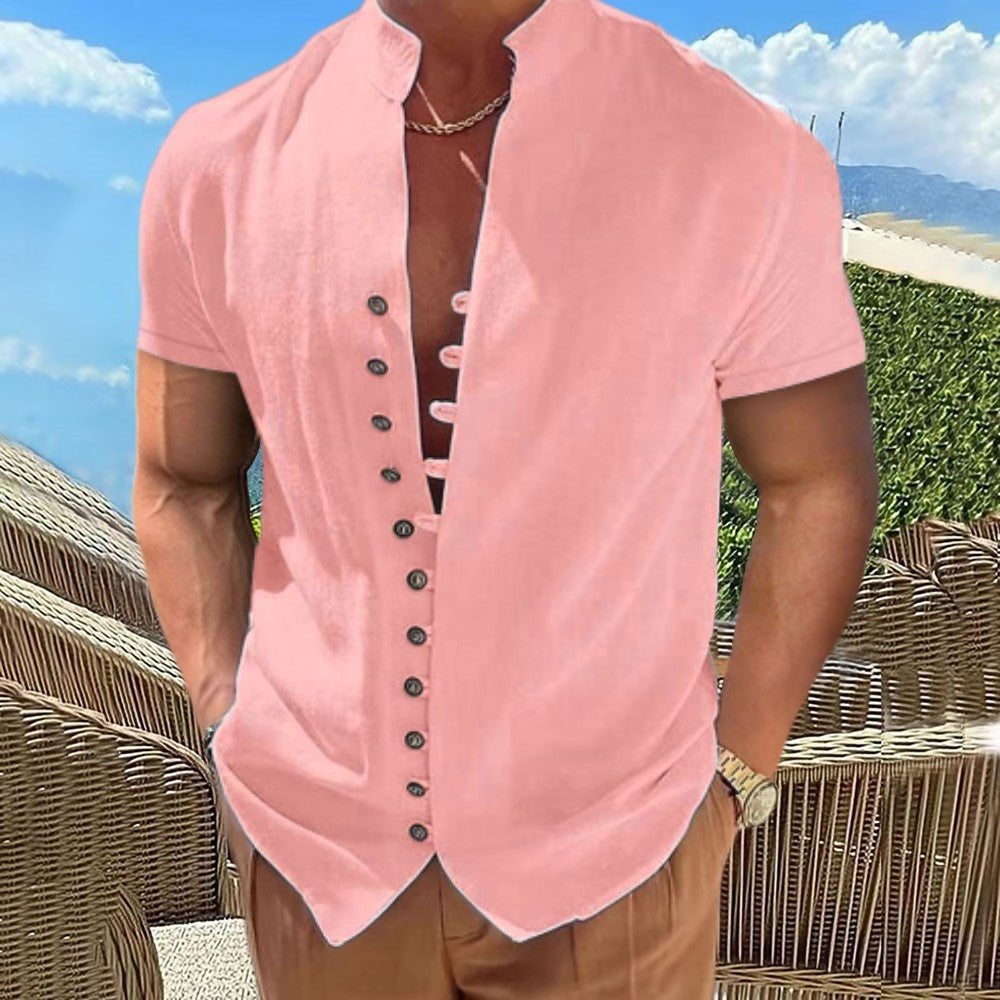 Hearujoy New 100% Cotton Linen Vintage Shirts Mens Short Sleeve Stand Collar  Casual Male Blouse Summer Retro Shirt Top Men Clothing