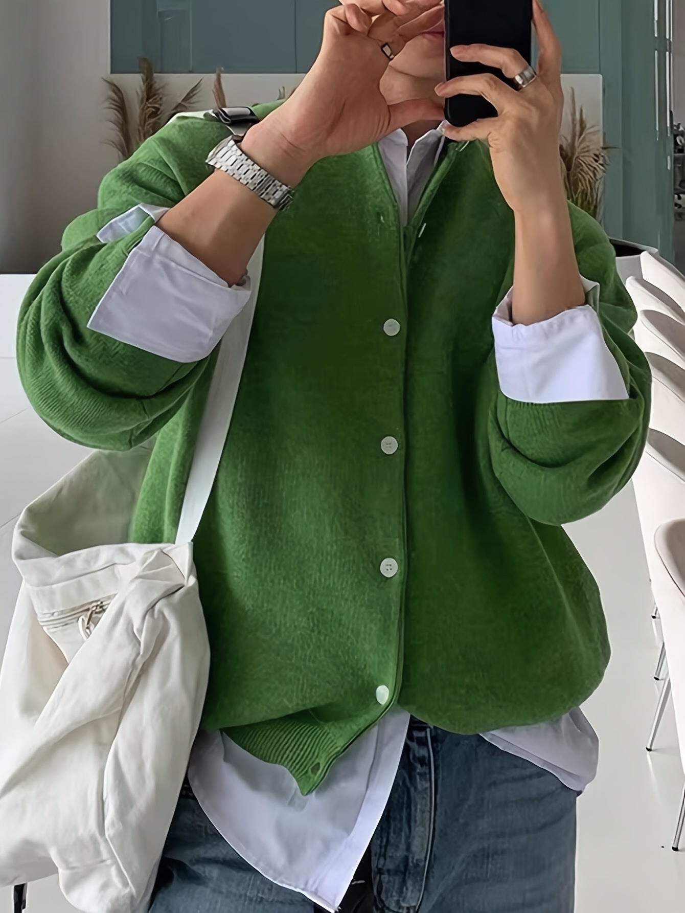 HEARUJOY  -  Cozy Long Sleeve Polyester Blend Cardigan - Men's Casual Solid Color Knit Button-Up Sweater for Fall/Winter, Korean Style, Loose Fit