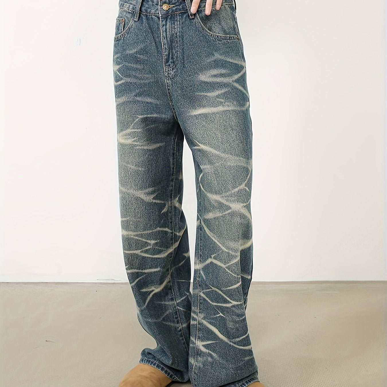 Hearujoy Men's Loose Fitting Straight Leg Retro Design Denim Street Dance Party Water Wave Denim Casual Pants