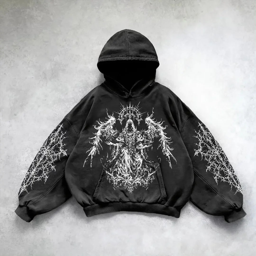 Hearujoy  Men Street Vintage High Street Hooded Sweatshirt Casual and Comfortable for All Seasons Plus Size Loose Print Y2k Punk Style