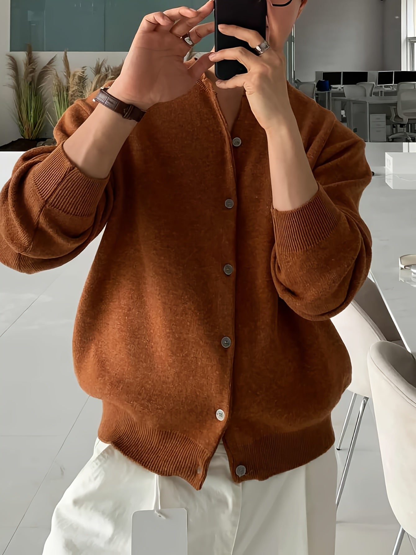 HEARUJOY  -  Cozy Long Sleeve Polyester Blend Cardigan - Men's Casual Solid Color Knit Button-Up Sweater for Fall/Winter, Korean Style, Loose Fit
