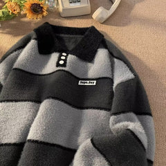 Hearujoy Retro Striped Knitted Polo Shirt Men Autumn Winter Thick Contrast Color Sweater Japanese Lazy Style Loose Trendy Knit Tops