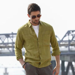 Hearujoy Vintage Linen Shirt For Men Double Pocket Workwear Long Sleeved Top Spring Autumn Leisure Loose Blouse Shirts Cotton Linen Male