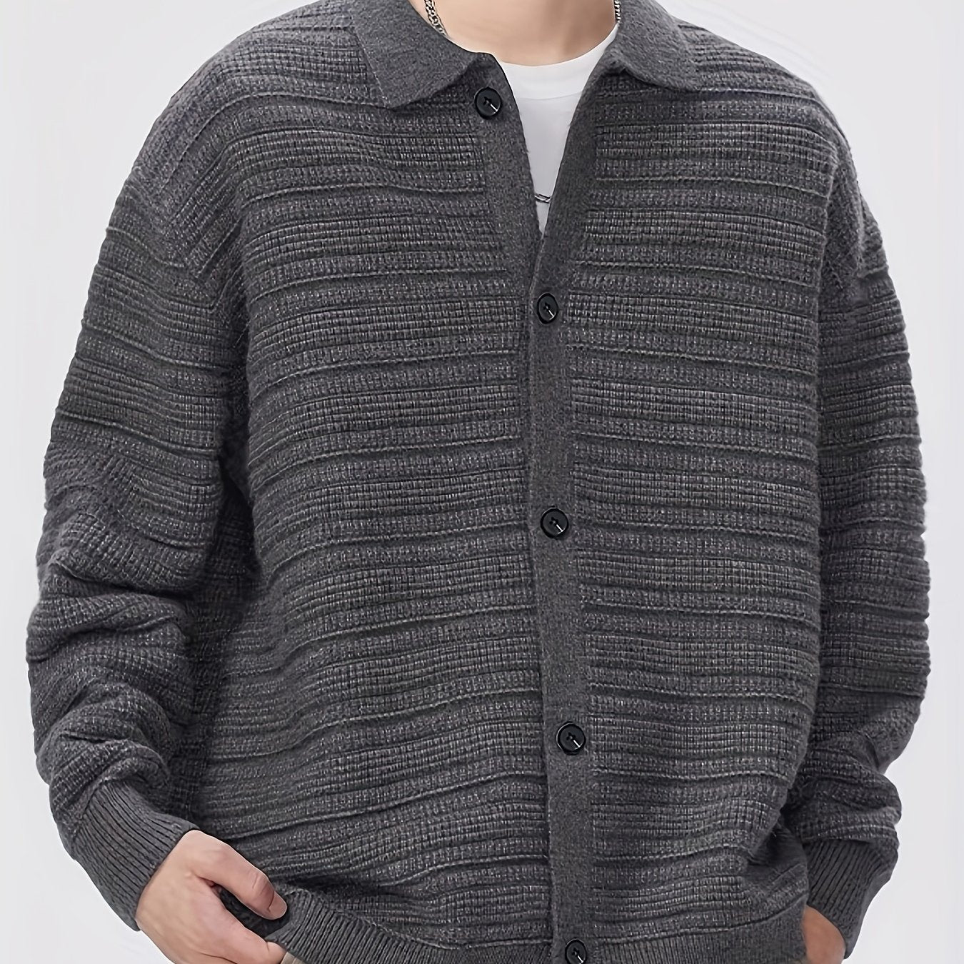 Hearujoy Men'S Fall/Winter Casual Rib-Knit Cardigan, Acrylic Blend, Preppy Style, Loose Fit, Relaxed Shoulder, Long Sleeve, Solid Color, Medium Stretch, Knit Fabric, with Lapel Collar and Open Front for Men