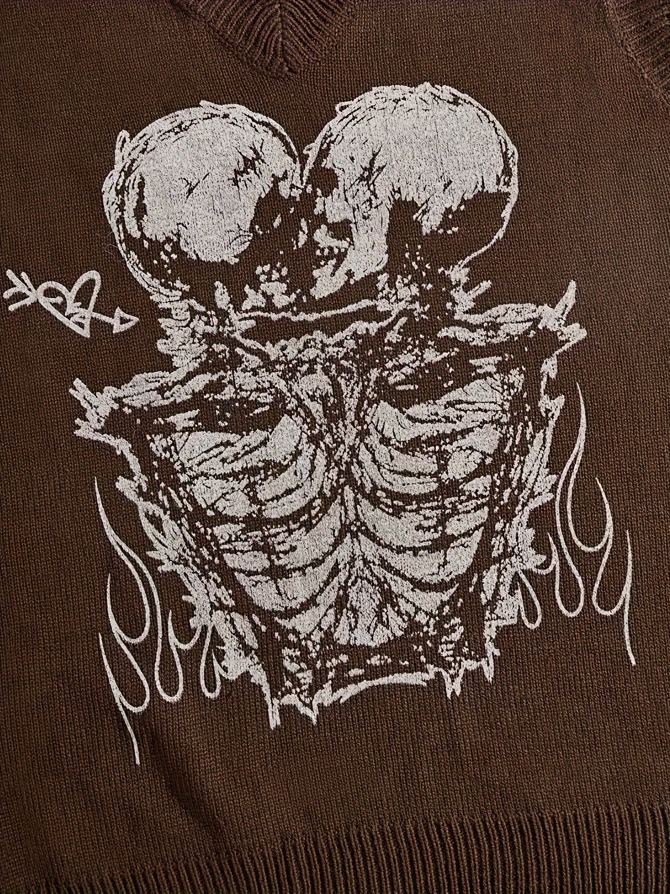 Hearujoy Stylish Men's Brown Knit Sweater Vest with Skull Print - Casual V-Neck, Sleeveless Pullover with Raw Hem Detail, Perfect for Summer