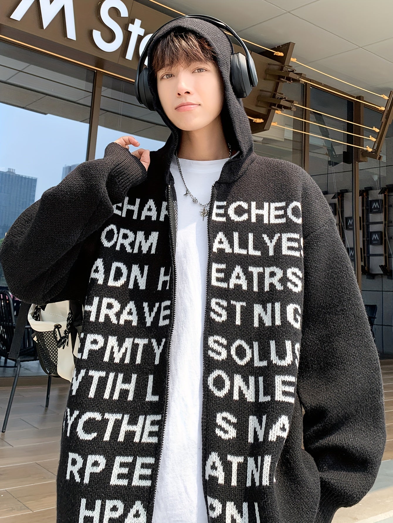 1pc Men'S Casual Knit Hooded Cardigan with Letter Print - Medium Stretch Fabric, Loose Fit, Zippered Hood - Alphabet Pattern, Adult Fall/Winter Essential Sweatshirt