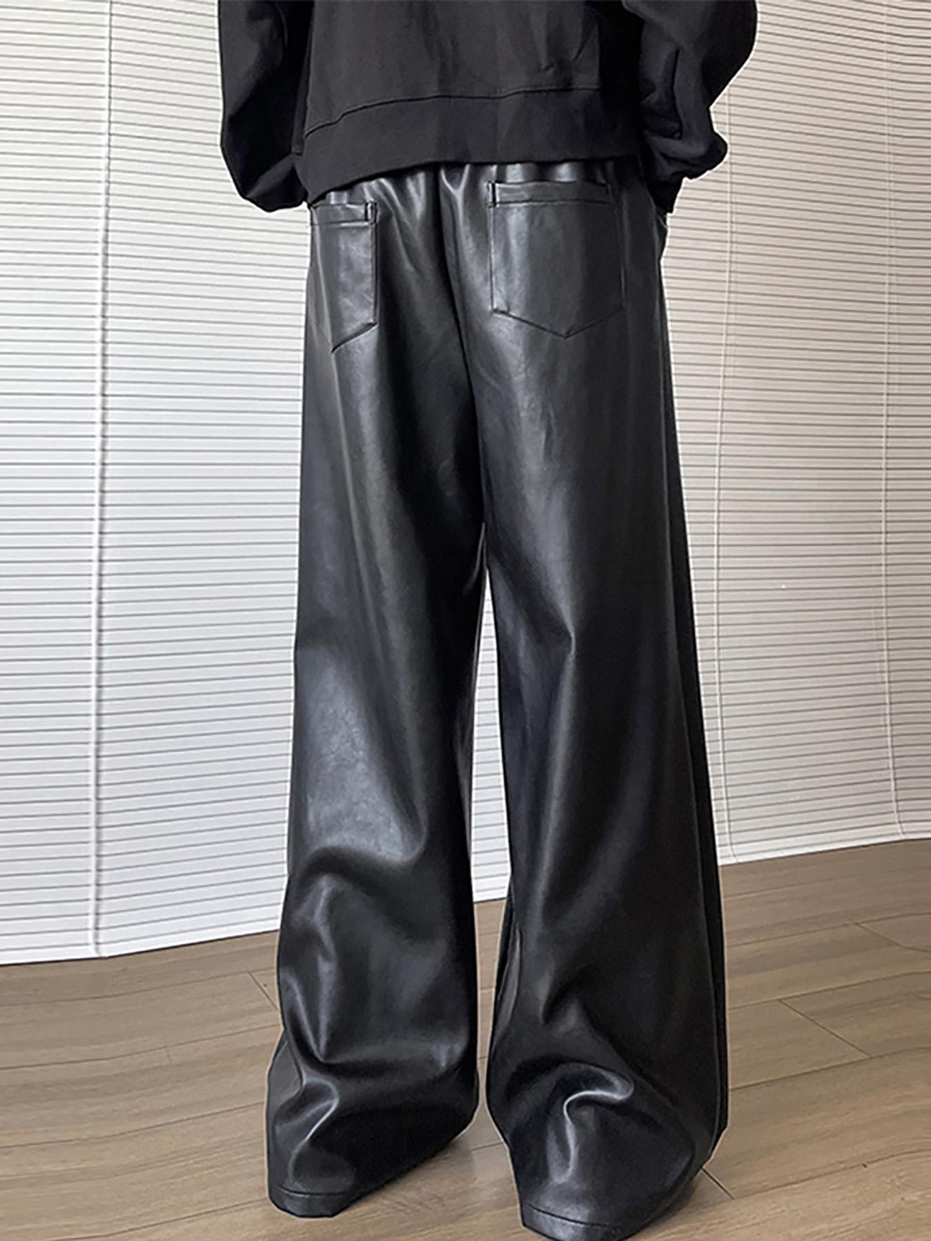 HEARUJOY  -  Men's Casual Straight Leg Pants with Buttoned Waist - Brown Shiny Fabric, Loose Fit for Streetwear, Hip-Hop Style, and Party Wear