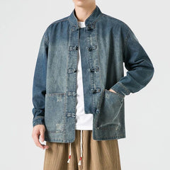 Hearujoy Retro Chinese Style Washed Denim Jacket For Men Spring Autumn Long Sleeved Stand Collar Top Fashion Vintage Ethnic Shirts Coat