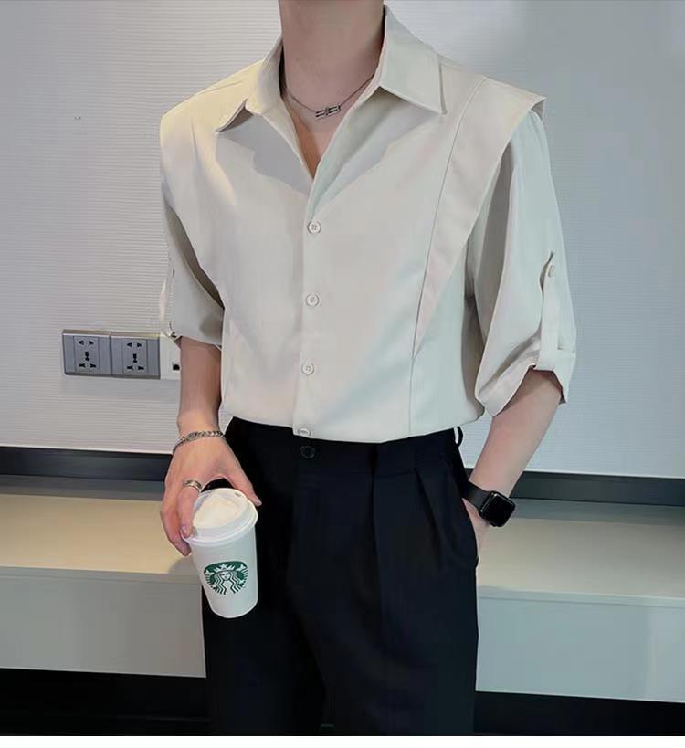 Hearujoy Summer Ice Silk Shirt For Men Fashion Casual Three Quarter Sleeve Tops Trendy Vintage Fake Two Shirts Streetwear Advanced Sense