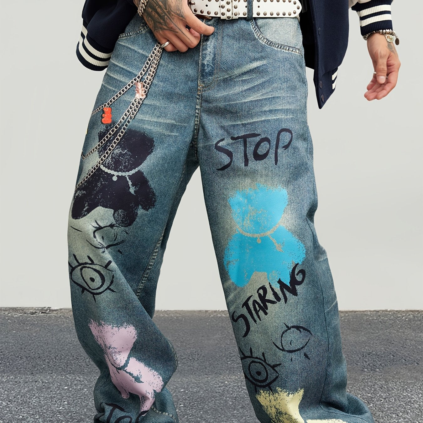 Hearujoy Men'S Street Style Wide Leg Faux Denim, 100% Polyester, Unique Chain Print & Burnout Design, Casual Mid Waist with Pockets, Non-Stretch Woven Fabric, Zipper Placket, Loose Fit, Regular Length