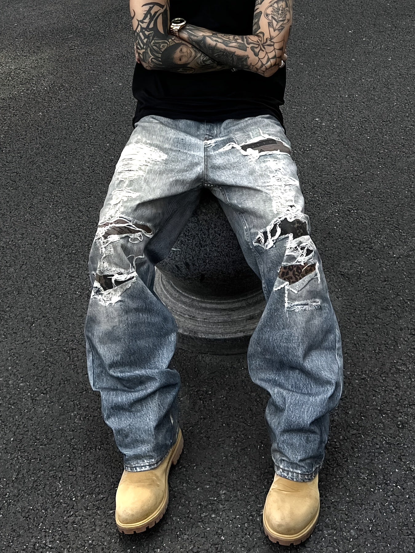 Hearujoy Men's Fashion Distressed Print Jeans - Loose Fit, Mid Waist, Polyester Non-Stretch Fabric, with Pockets, Zipper Fly, for Daily Casual Wear