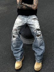 Hearujoy Men's Fashion Distressed Print Jeans - Loose Fit, Mid Waist, Polyester Non-Stretch Fabric, with Pockets, Zipper Fly, for Daily Casual Wear
