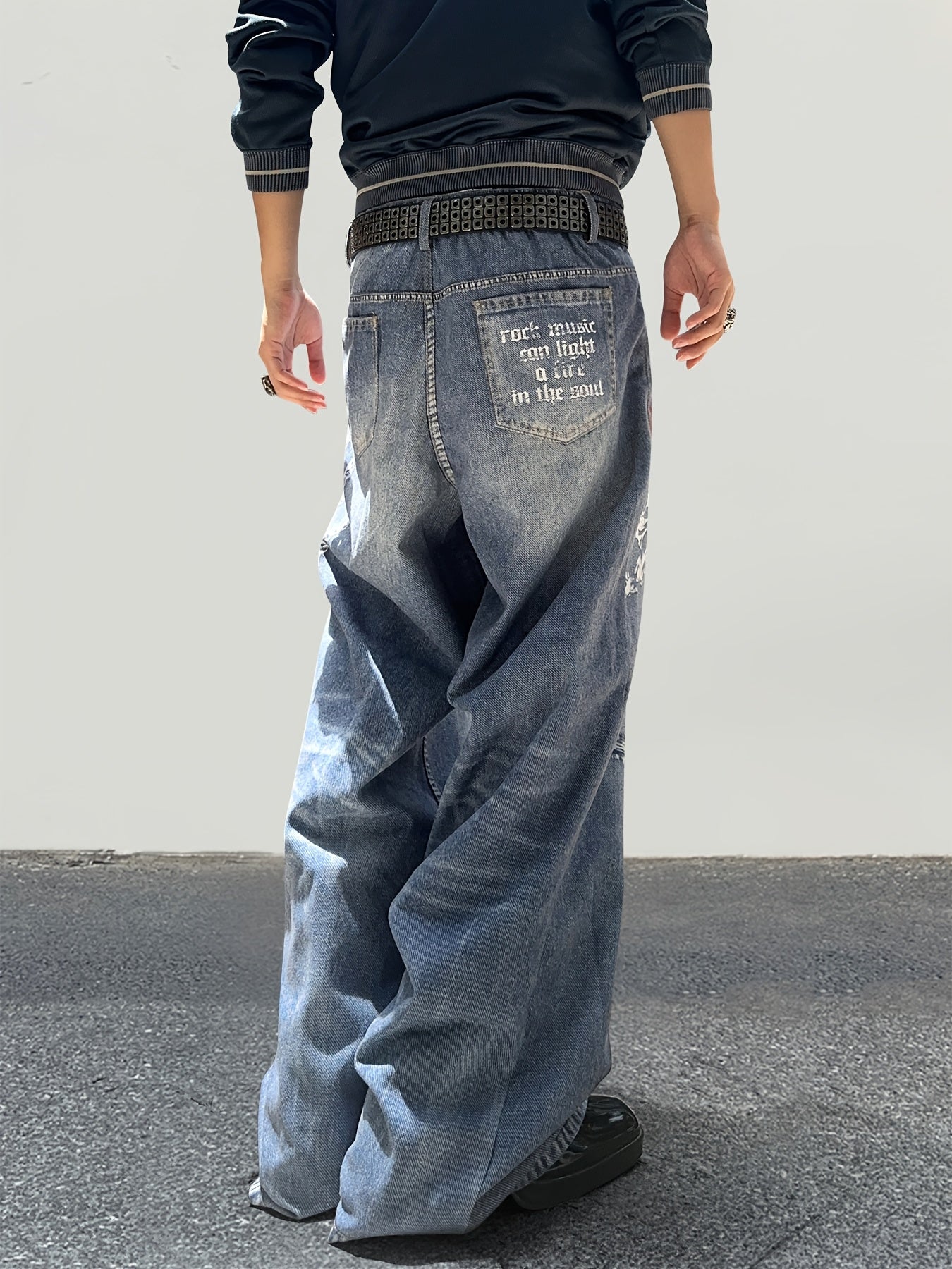 Hearujoy Men's Trendy Loose-Fit Chain Print Faux Denim Pants - Street Style Casual Straight Leg, Machine Washable