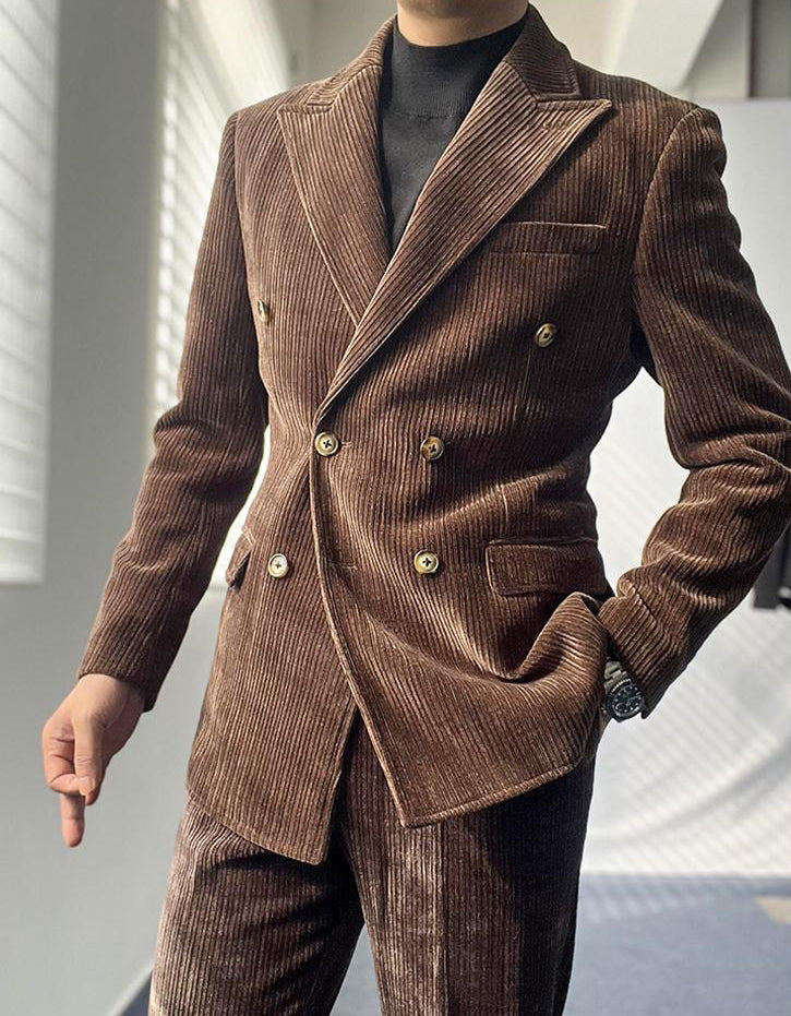 Hearujoy British Style Men's Corduroy Casual Double Breasted Suit And Naples Pant Two-piece Set Fashion Vintage Business Suits Outfits