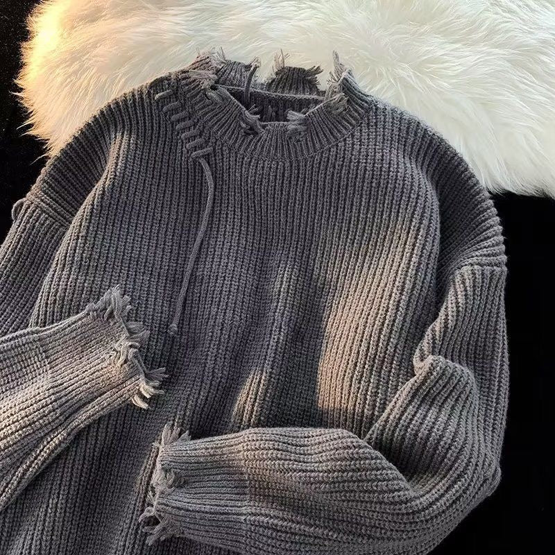Hearujoy Vintage Hole Tassels Sweater Men Women Autumn Long Sleeves Kint Tops Fashion Loose Knitted Pullover Couples Unisex Streetwear