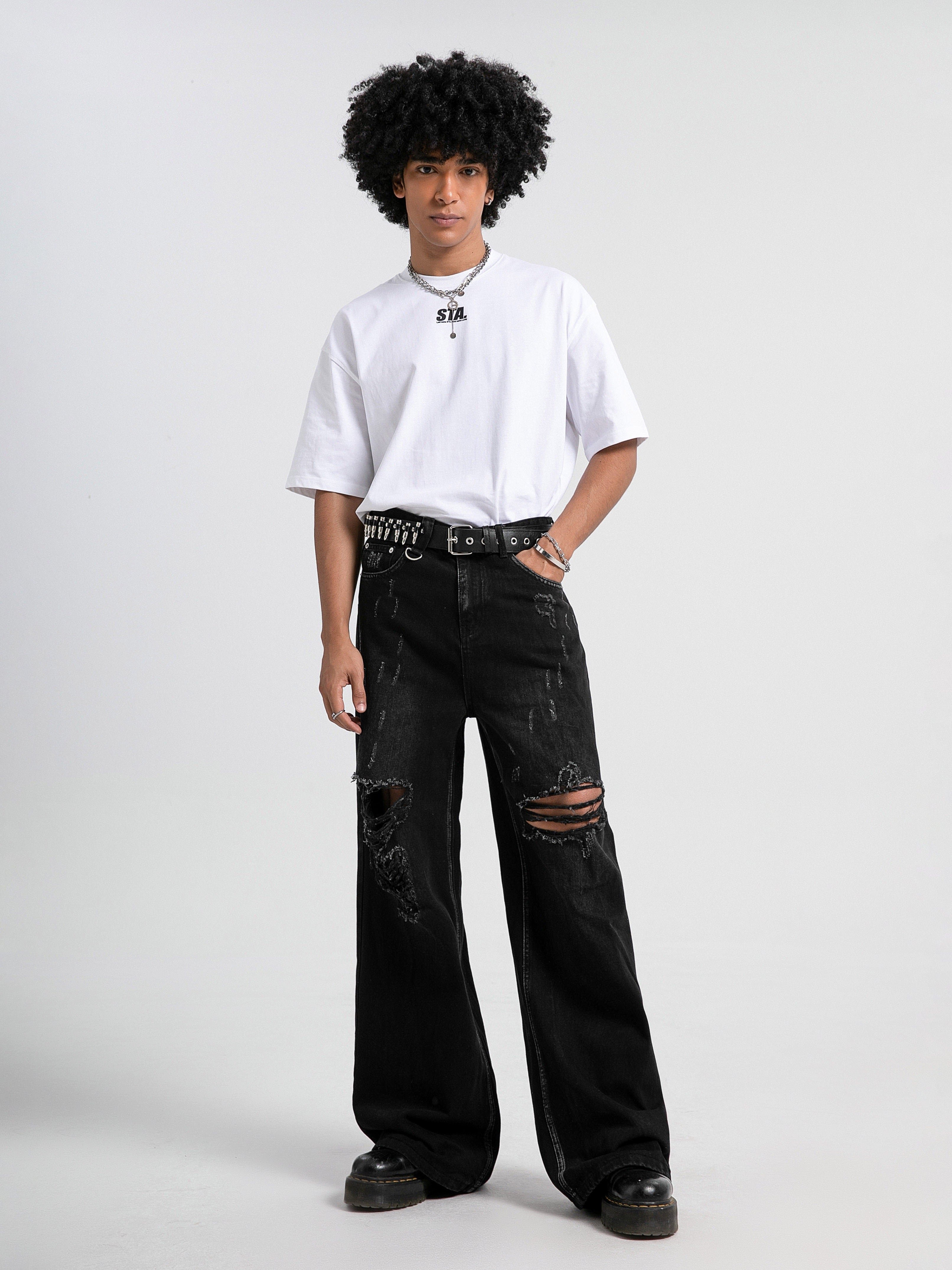 Hearujoy [Distressed Men's Street Jeans Designs] Men's Jeans With Distressed Designs On The Street, Men's Ins Street Dance Skateboard, Loose Straight Leg Casual Denim Pants