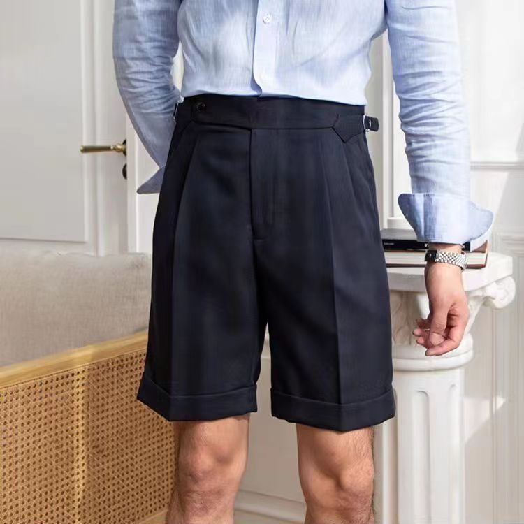 Hearujoy British Style Naples Suit Shorts Men Smart Casual Paris Waist Buckle Button Knee Length Pants Summer Fashion Shorts Streetwear