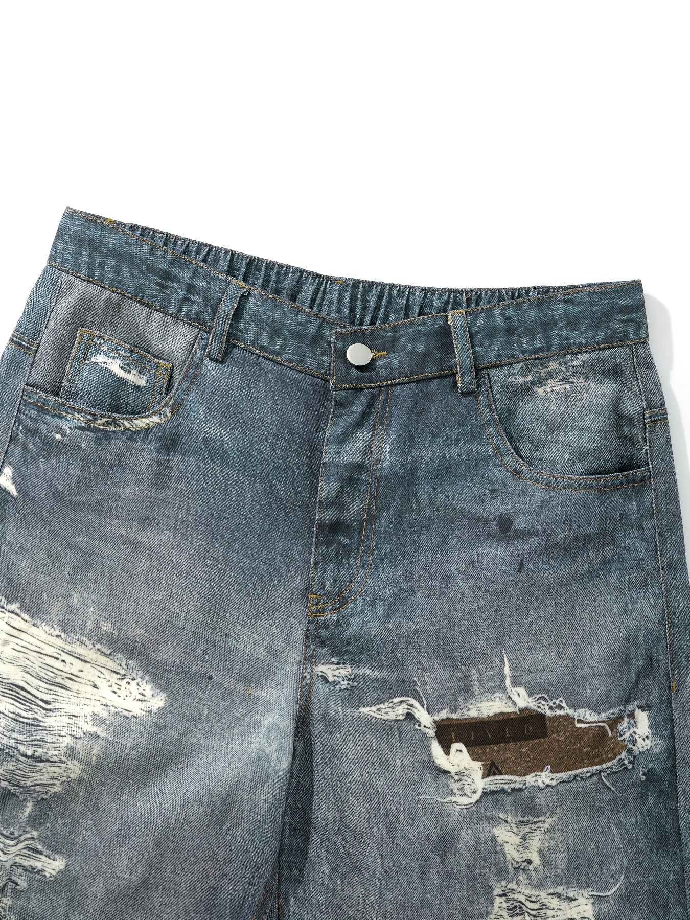 Hearujoy Men's Fashion Distressed Print Jeans - Loose Fit, Mid Waist, Polyester Non-Stretch Fabric, with Pockets, Zipper Fly, for Daily Casual Wear