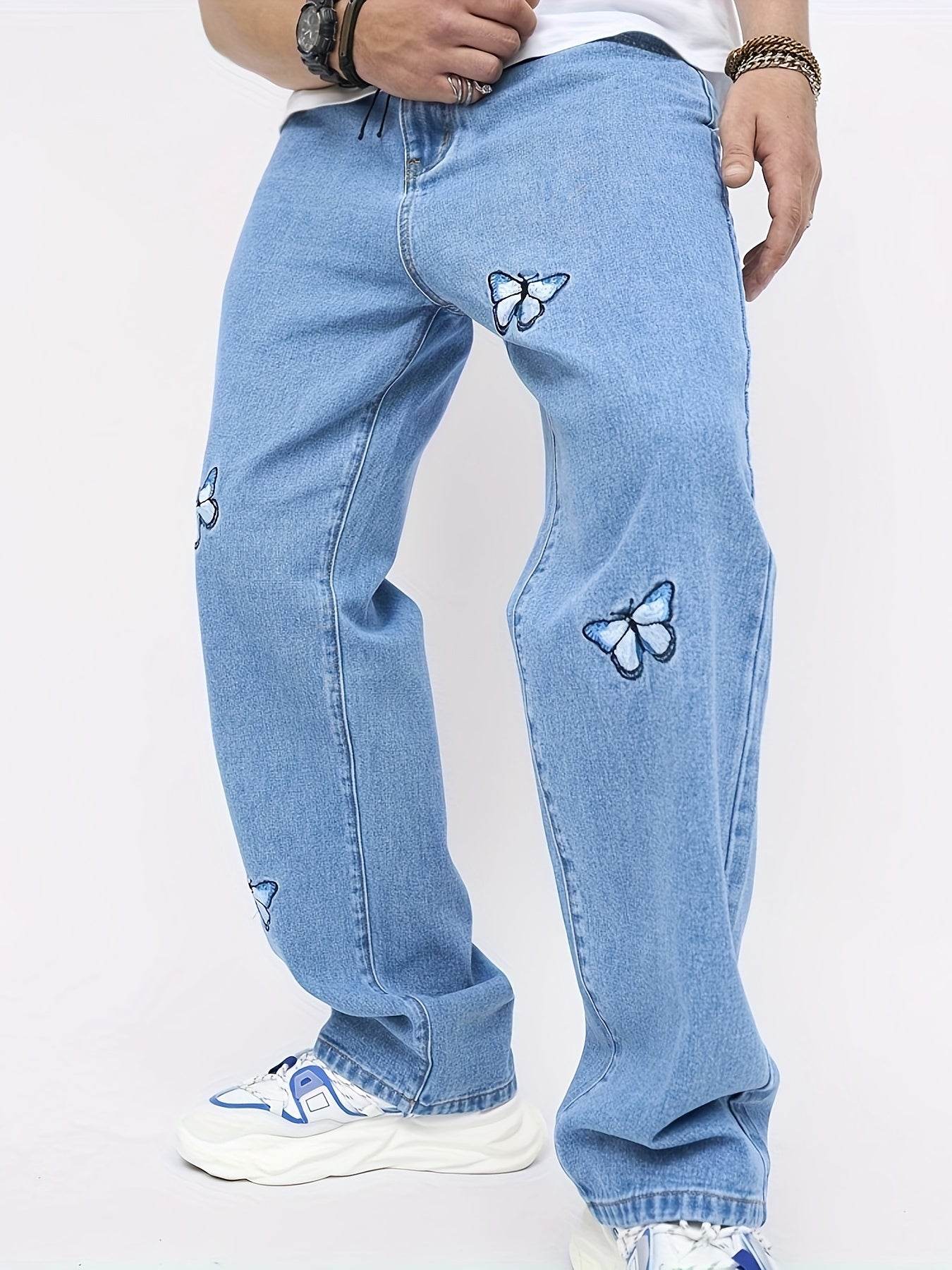 Hearujoy Men'S High Street Style Loose Fit Faux Denim Faux Denim, Wide Leg, Non-Stretch Cotton Blend, Solid Color, Regular Length, with Butterfly Print, for All-Season Wear