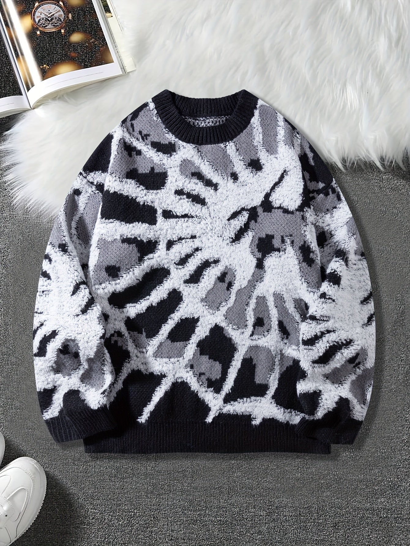 Hearujoy Casual Knit Sweater - Cozy & Stylish Round Neck, Long Sleeve Pullover with Spider Web Design, Stretch Fabric, Perfect for Fall/Winter - Hand Washable