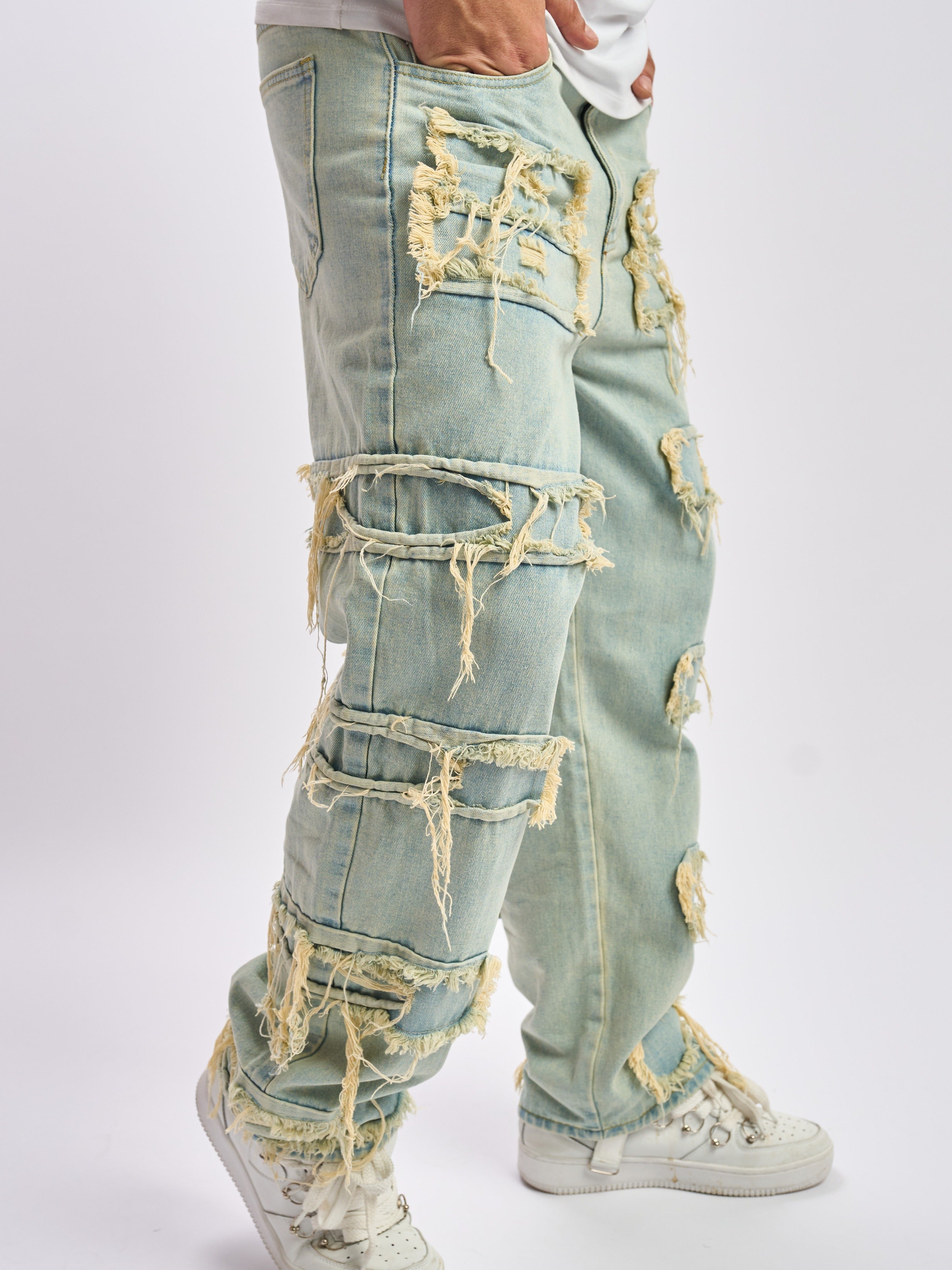 Hearujoy Solid Cotton Blend Frayed Wide Leg Jeans - Men's Stylish Street Style Bottoms