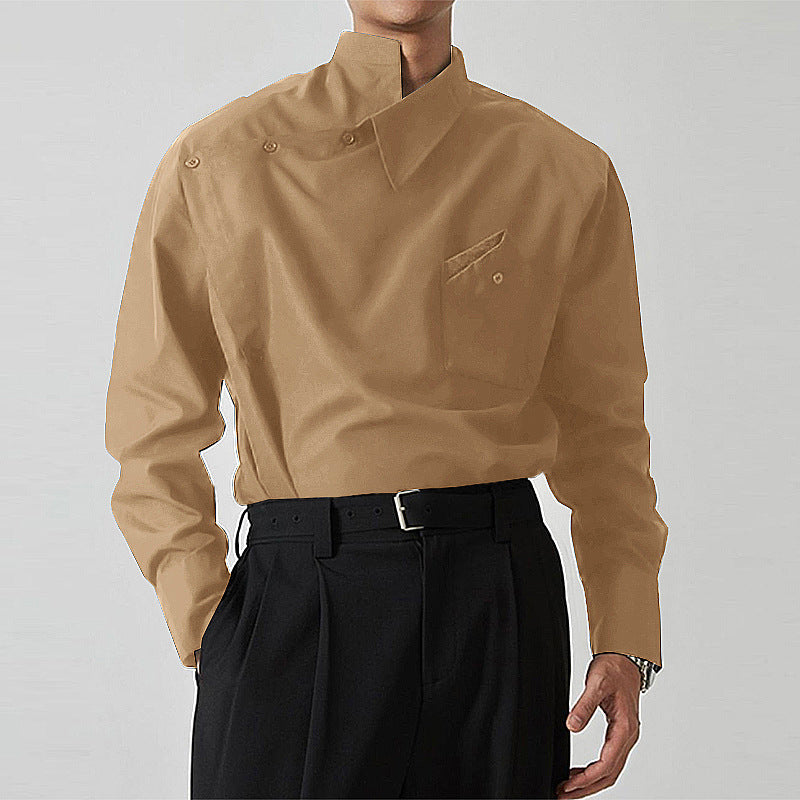 Hearujoy Irregular Design Buckle Lapel shirt For Men Vintage French Style Long Sleeve Loose Top Spring Autumn Fashion Show Chic Shirts