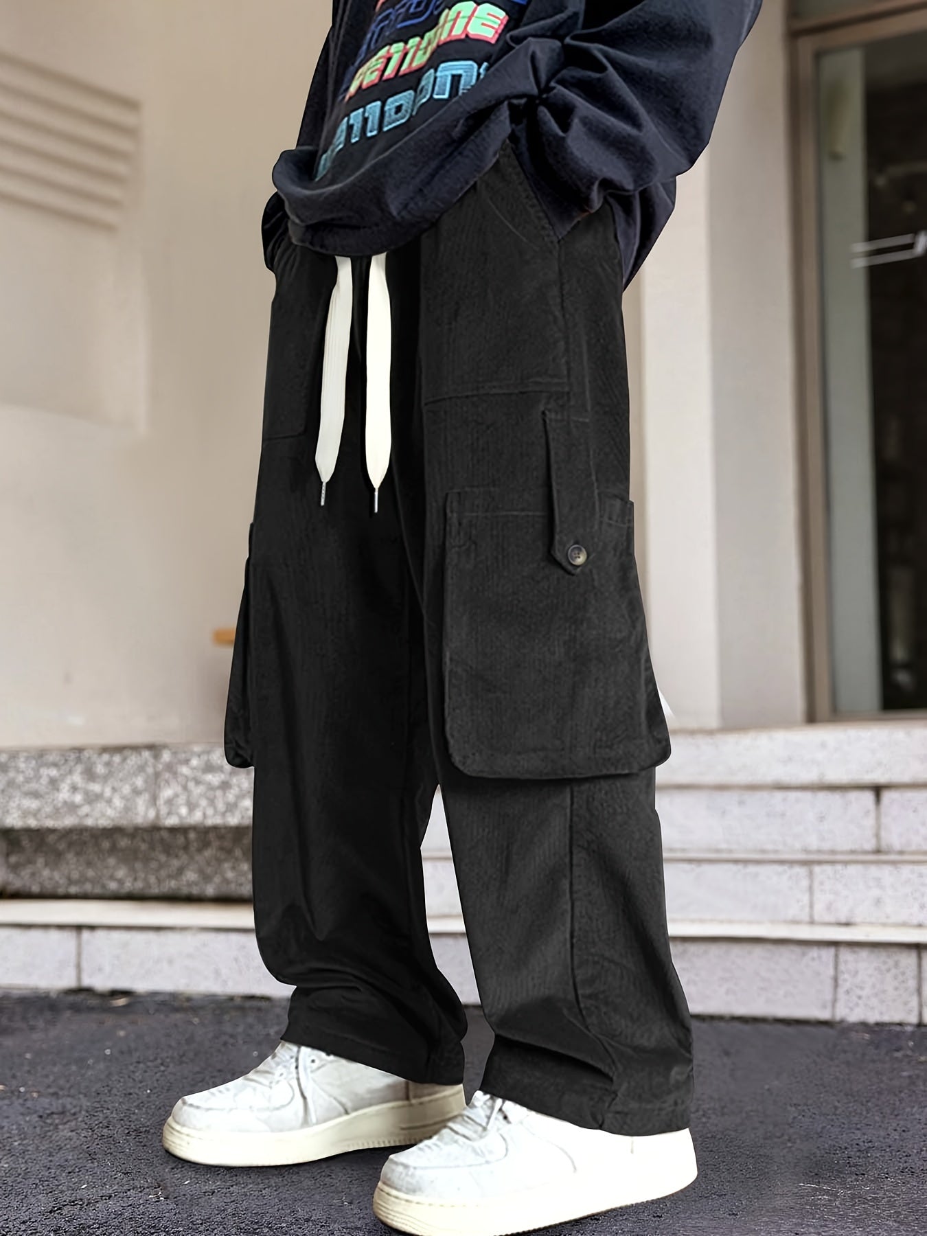 Hearujoy Men's Loose Solid Corduroy Pants With Multi Pockets, Casual Drawstring Trousers For Outdoor Activities Gift