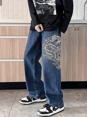 Hearujoy Blue Hip Hop Men's Straight Leg Jeans with Dragon Embroidery