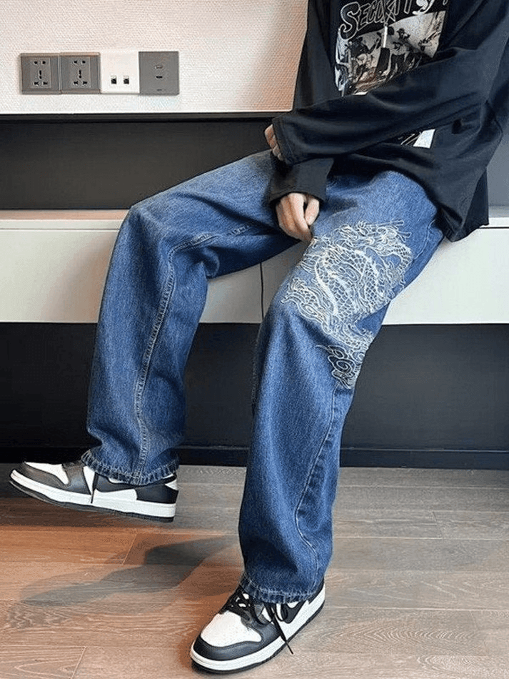 Hearujoy Blue Hip Hop Men's Straight Leg Jeans with Dragon Embroidery