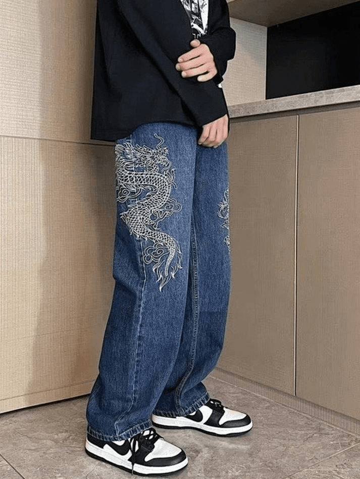 Hearujoy Blue Hip Hop Men's Straight Leg Jeans with Dragon Embroidery