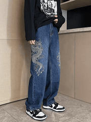 Hearujoy Blue Hip Hop Men's Straight Leg Jeans with Dragon Embroidery