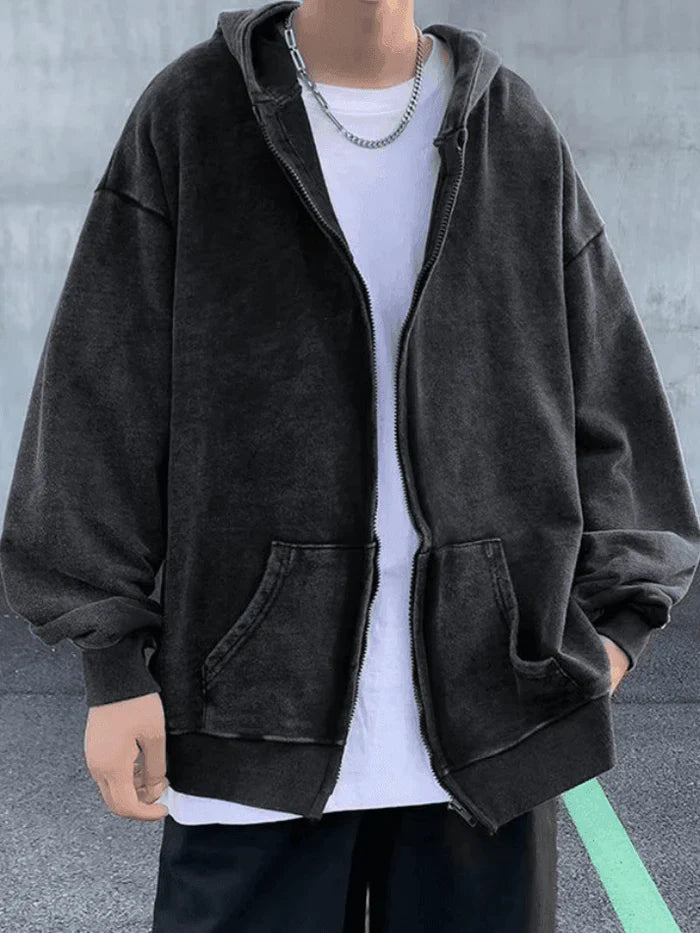 Hearujoy Dark Vintage Oversize Washed Zip Up Hoodie