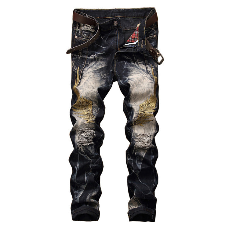 Hearujoy Eagle Wings Embroidery Elastic Denim Pants