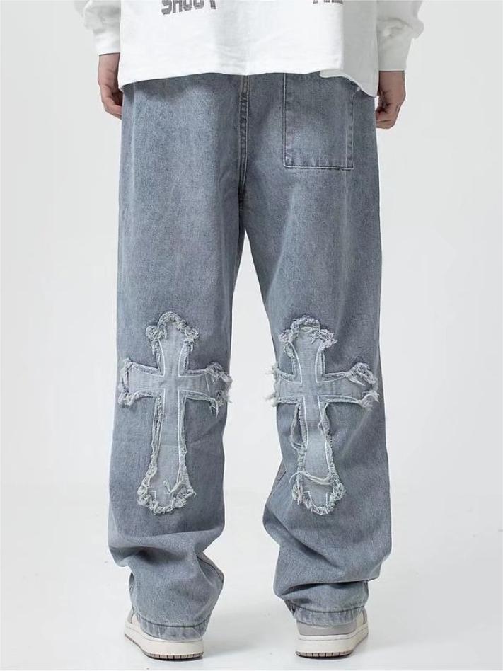 Hearujoy Blue men's vintage jeans with cross patch