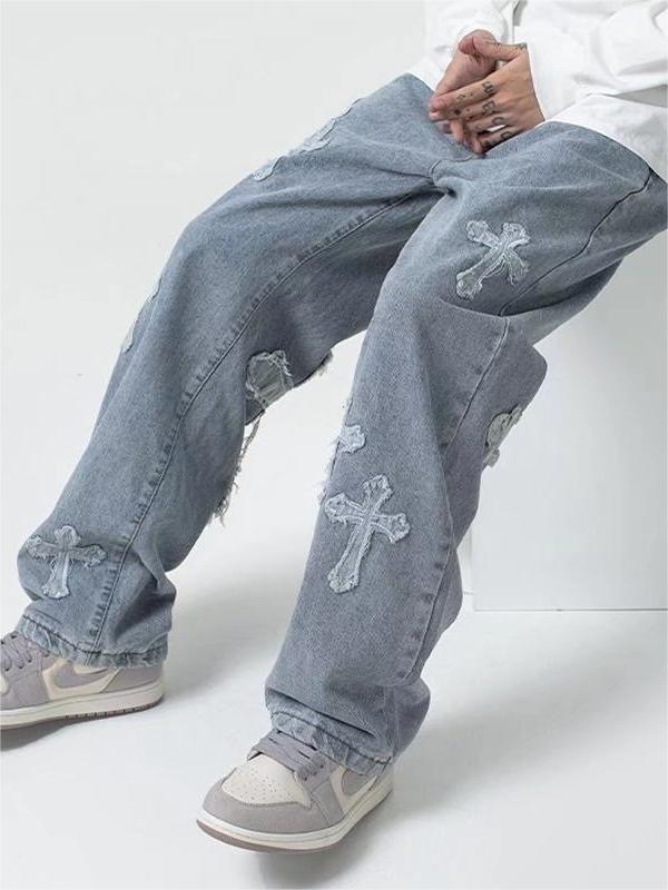 Hearujoy Blue men's vintage jeans with cross patch