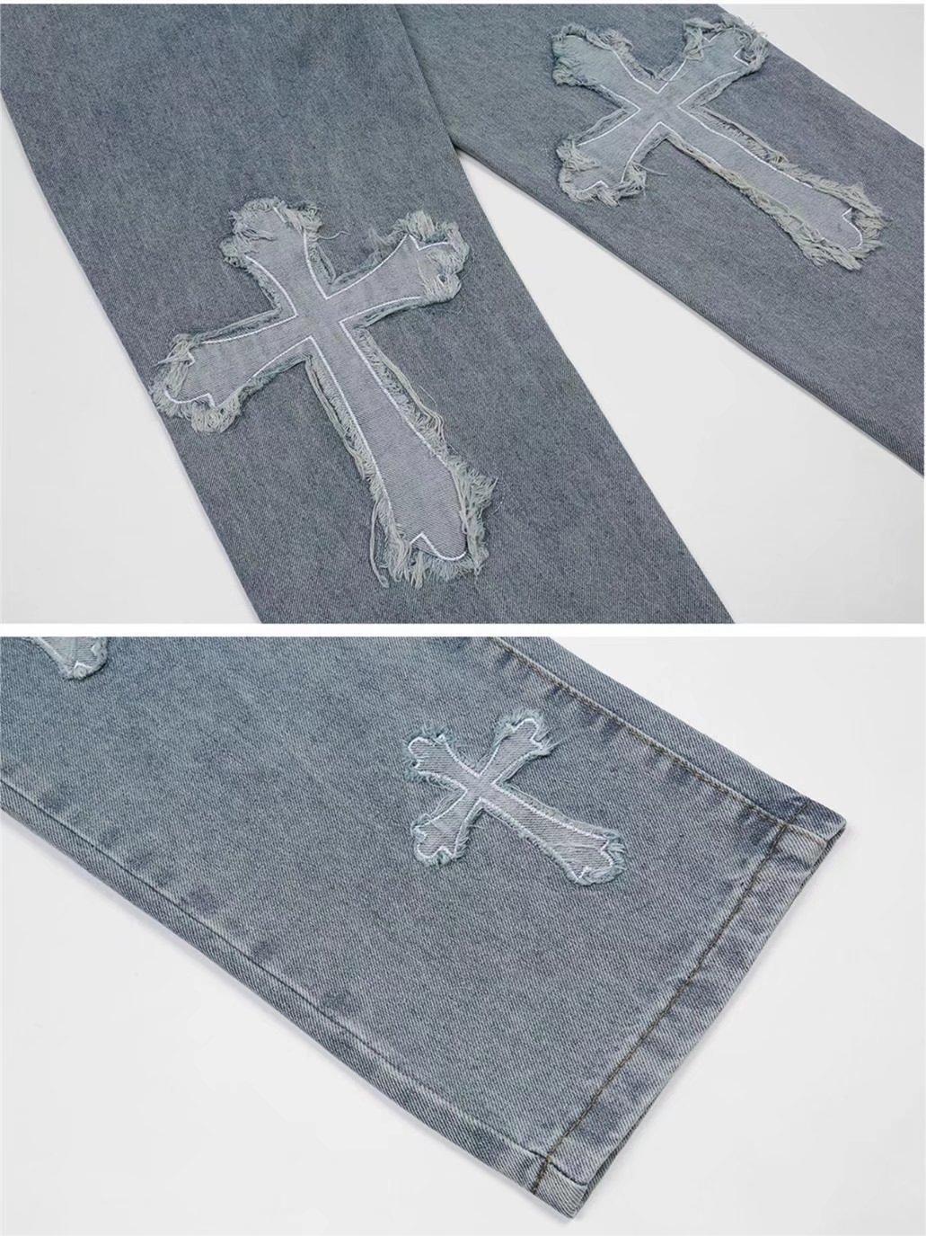 Hearujoy Blue men's vintage jeans with cross patch